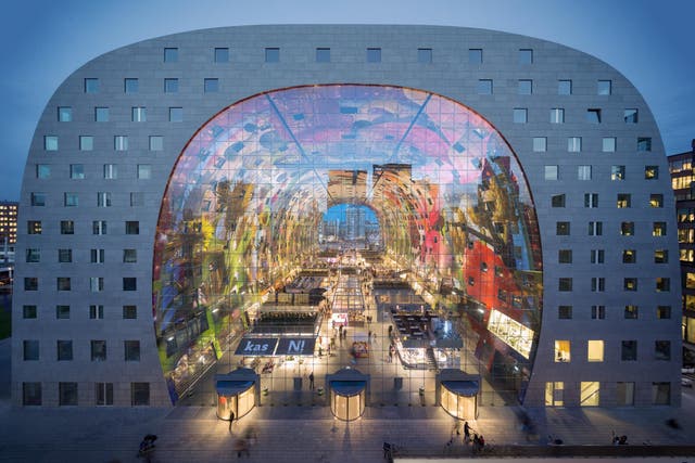 Digital art covers the inside of Rotterdam's Markthal