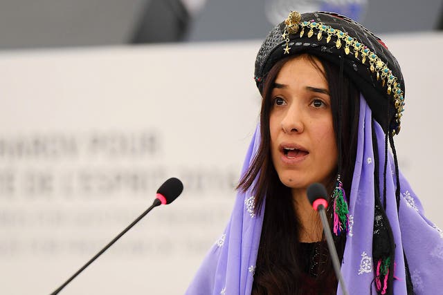 Nadia Murad, public advocate for the Yazidi community in Iraq and survivors of sexual enslavement by the Islamic State jihadists, delivers a speech after being awarded co-laureate of  the 2016 Sakharov human rights prize