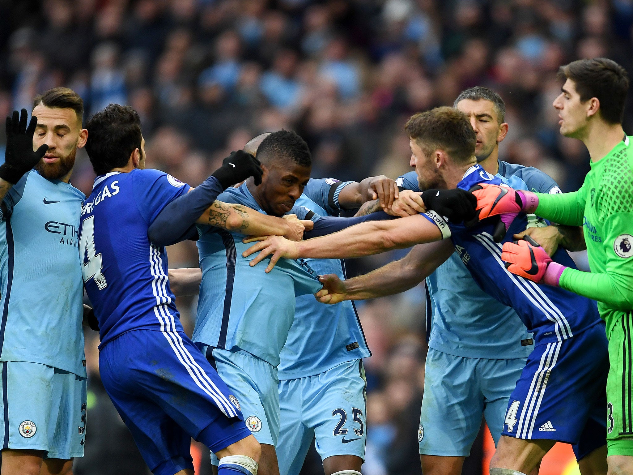 Manchester City and Chelsea players brawl during their encounter at the Etihad Stadium on December 3