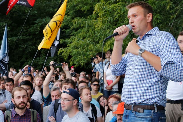 Alexei Navalny addresses a protest against new anti-terrorism legislation in August 2016