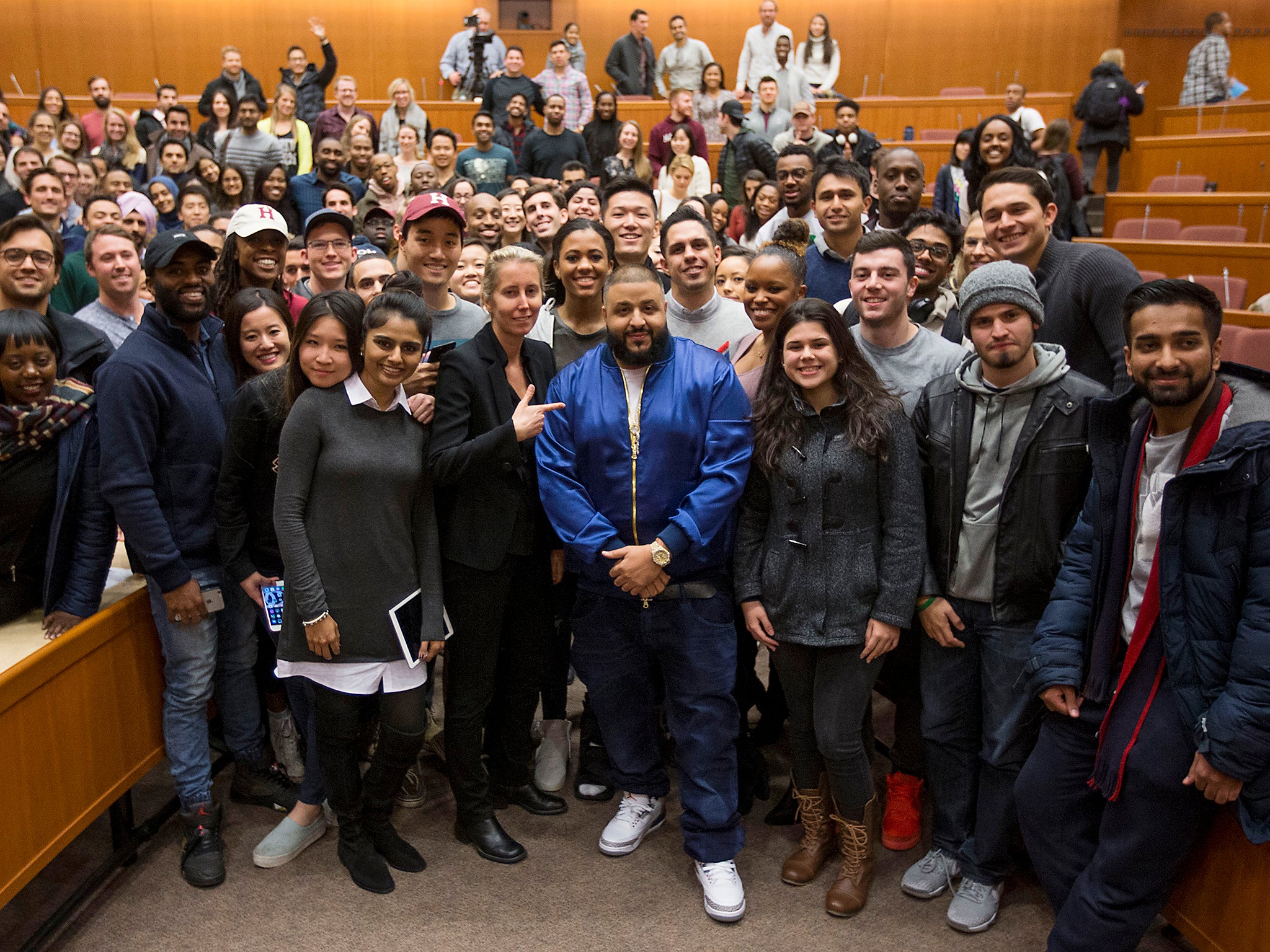 DJ Khaled poses with Harvard Business School students during the Get Schooled Snapchat College Tour and Meet at Harvard University