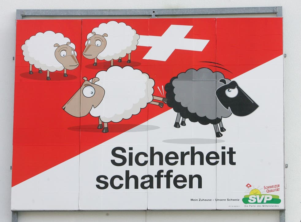 An anti-immigration poster created by Switzerland's largest political party, reading "create safety"