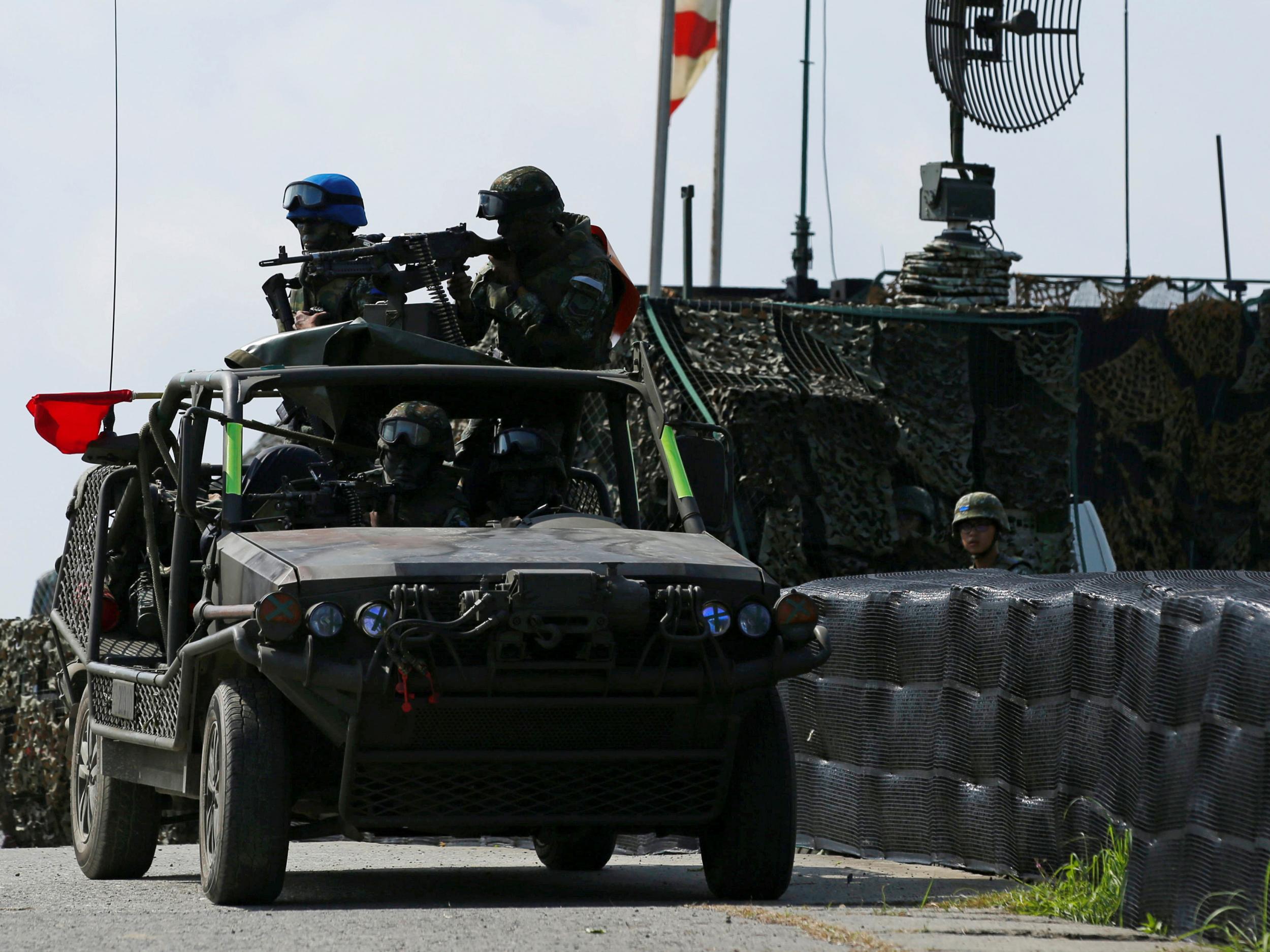 Military vehicle participating in drill simulating the China's People's Liberation Army invading Taiwan