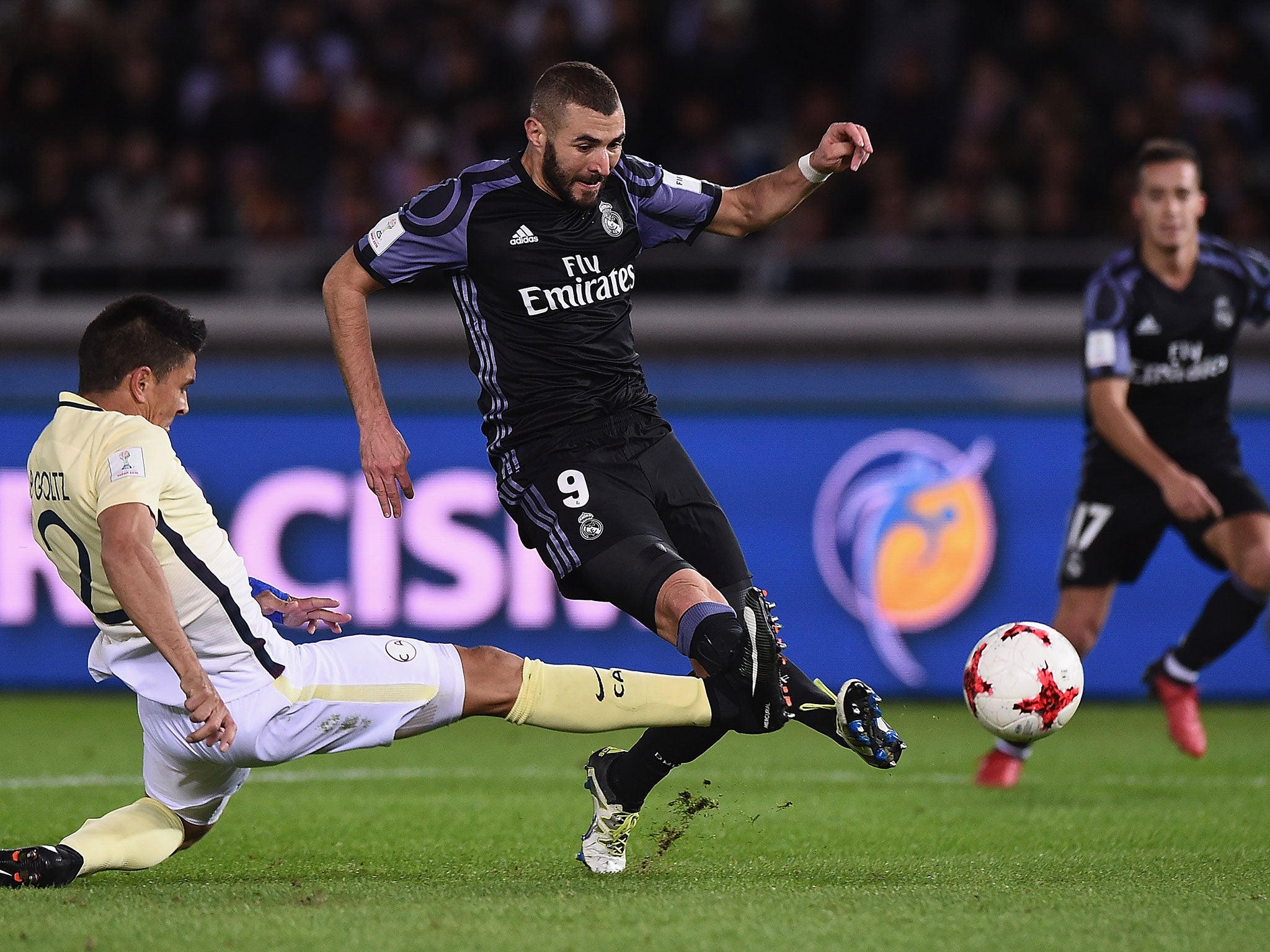 Karim Benzema gets a shot off on goal