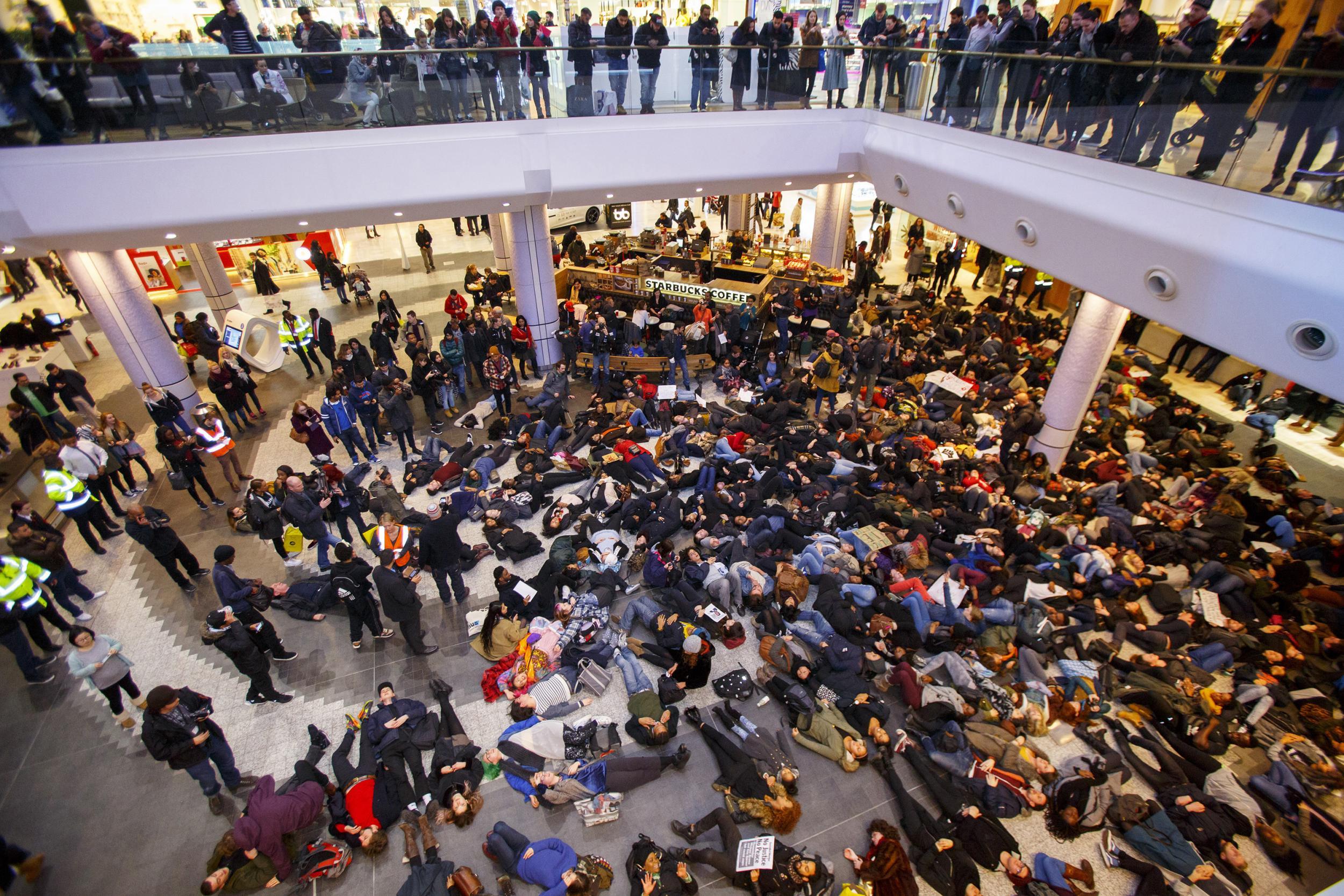 Police arrested 76 people during "die-in" protest in Westfield shopping centre in 2014.