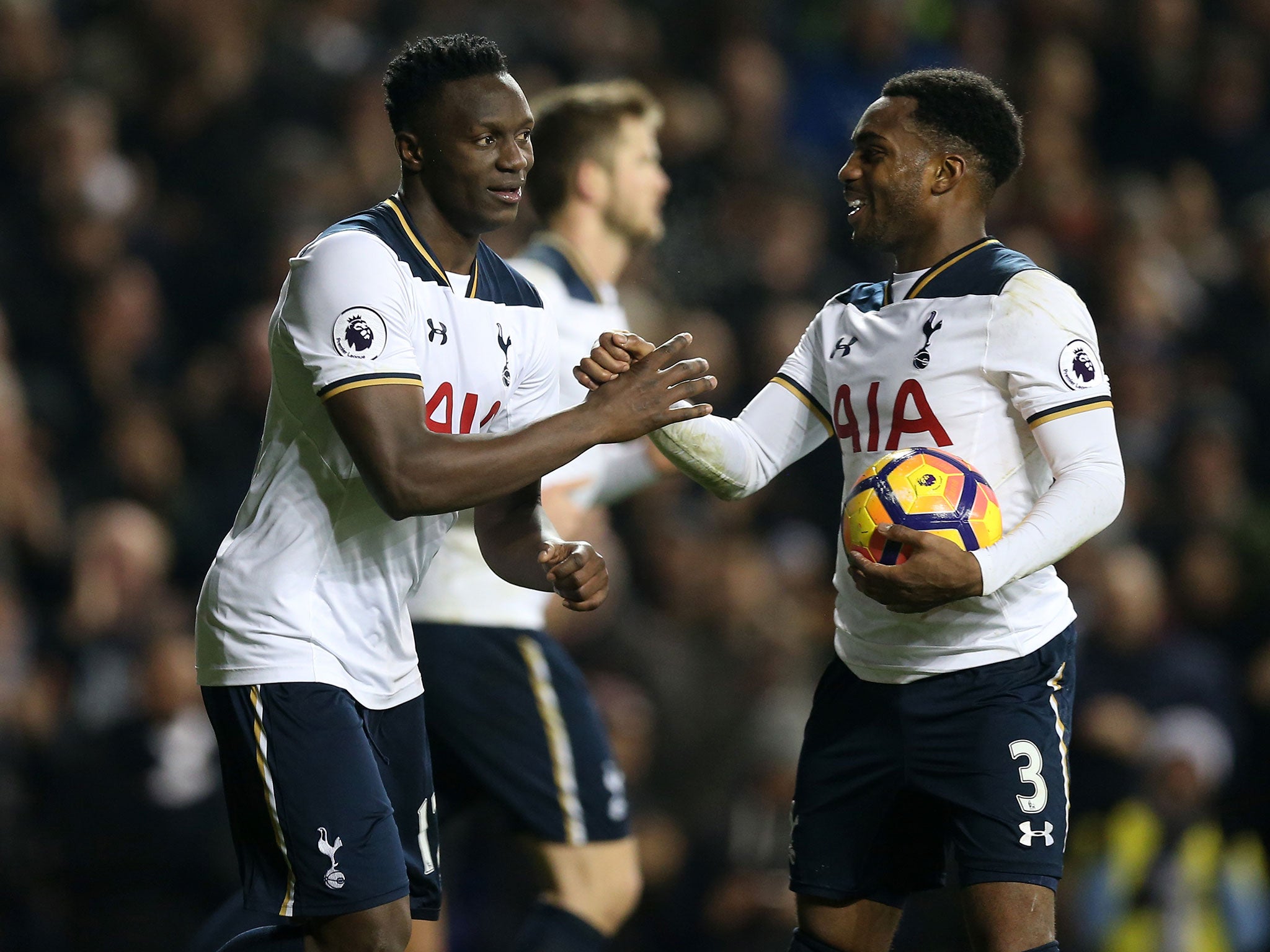 Danny Rose (right) congratulates Victor Wanyama after scoring Tottenham's third goal