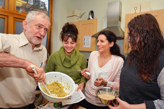 Labour leader Jeremy Corbyn, takes part in a class showing how to make cheap healthy food easy to cook, during a visit to the Centrepoint hostel, in Camberwell
