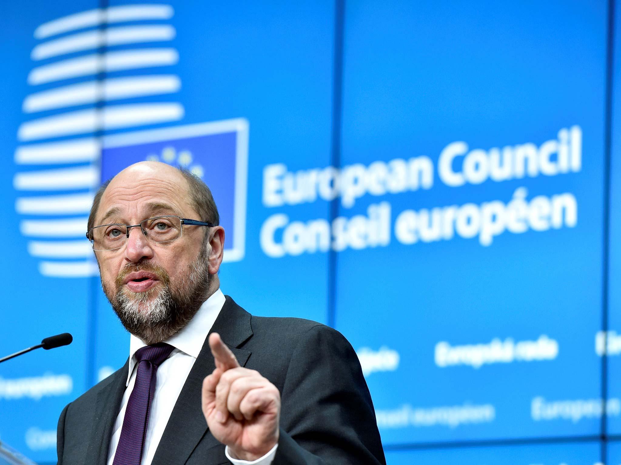 Martin Schulz speaking to reporters in the Belgian capital today