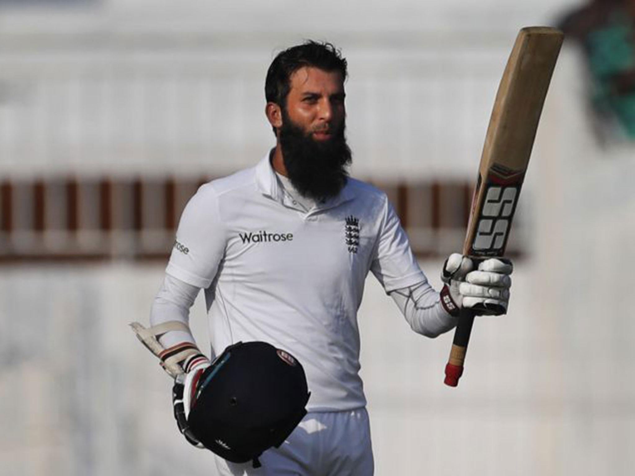 Moeen Ali celebrates reaching his century as his day one 120 not out put England in control in the fifth Test