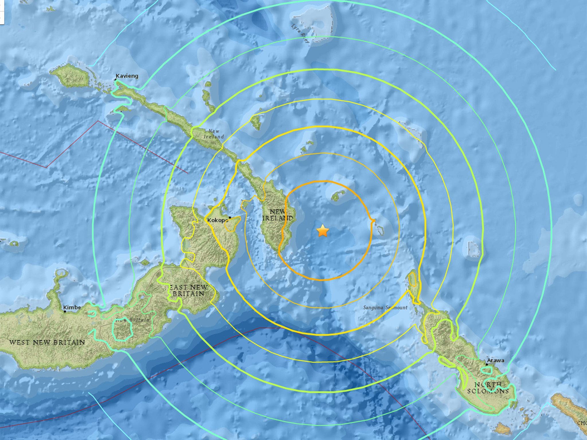 An image showing the epicenter of the earthquake off Papua New Guinea
