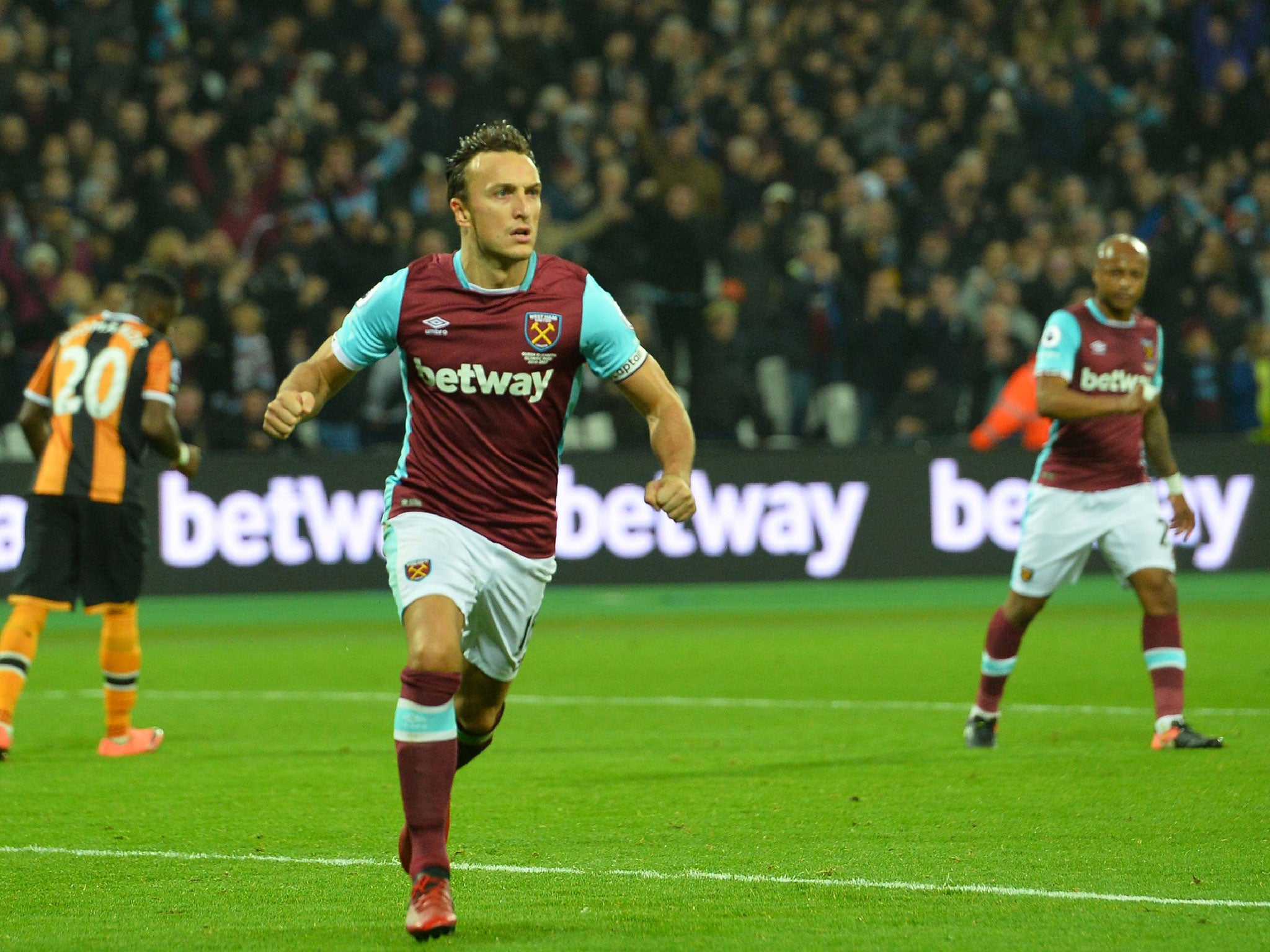 Mark Noble celebrates after his penalty secures three points for West Ham