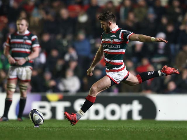 Owen Williams kicks the match-winning penalty in Leicester Tigers' 18-16 win over Munster