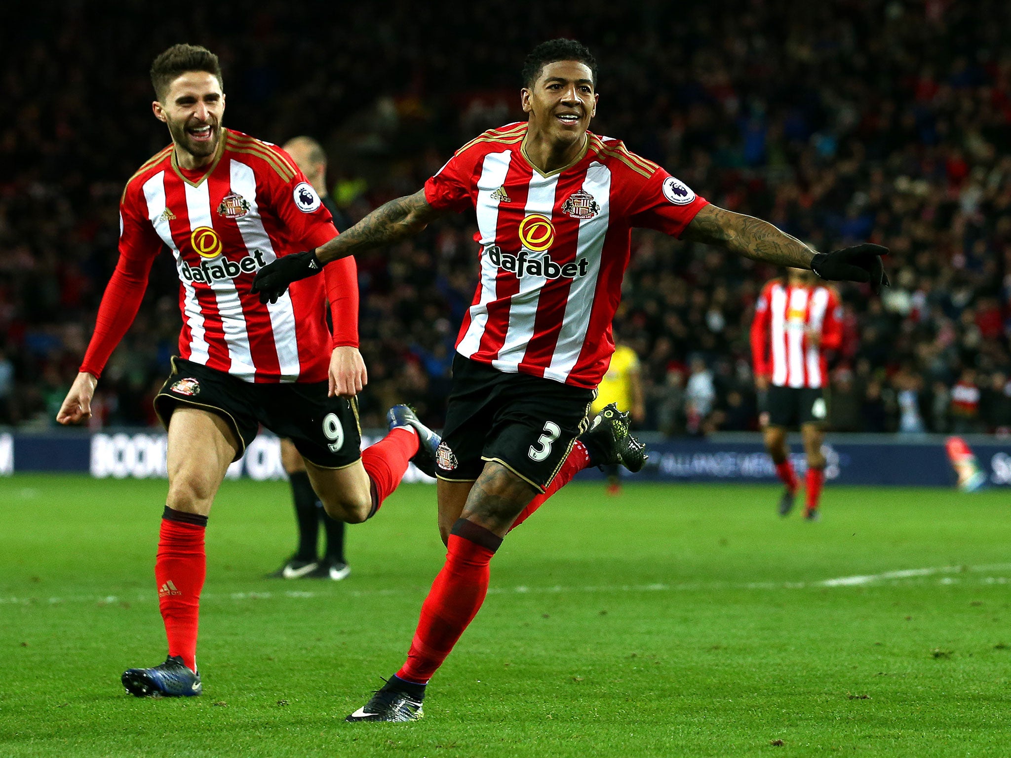 Patrick van Aanholt celebrates scoring for Sunderland against Watford with what proved to be the winning goal