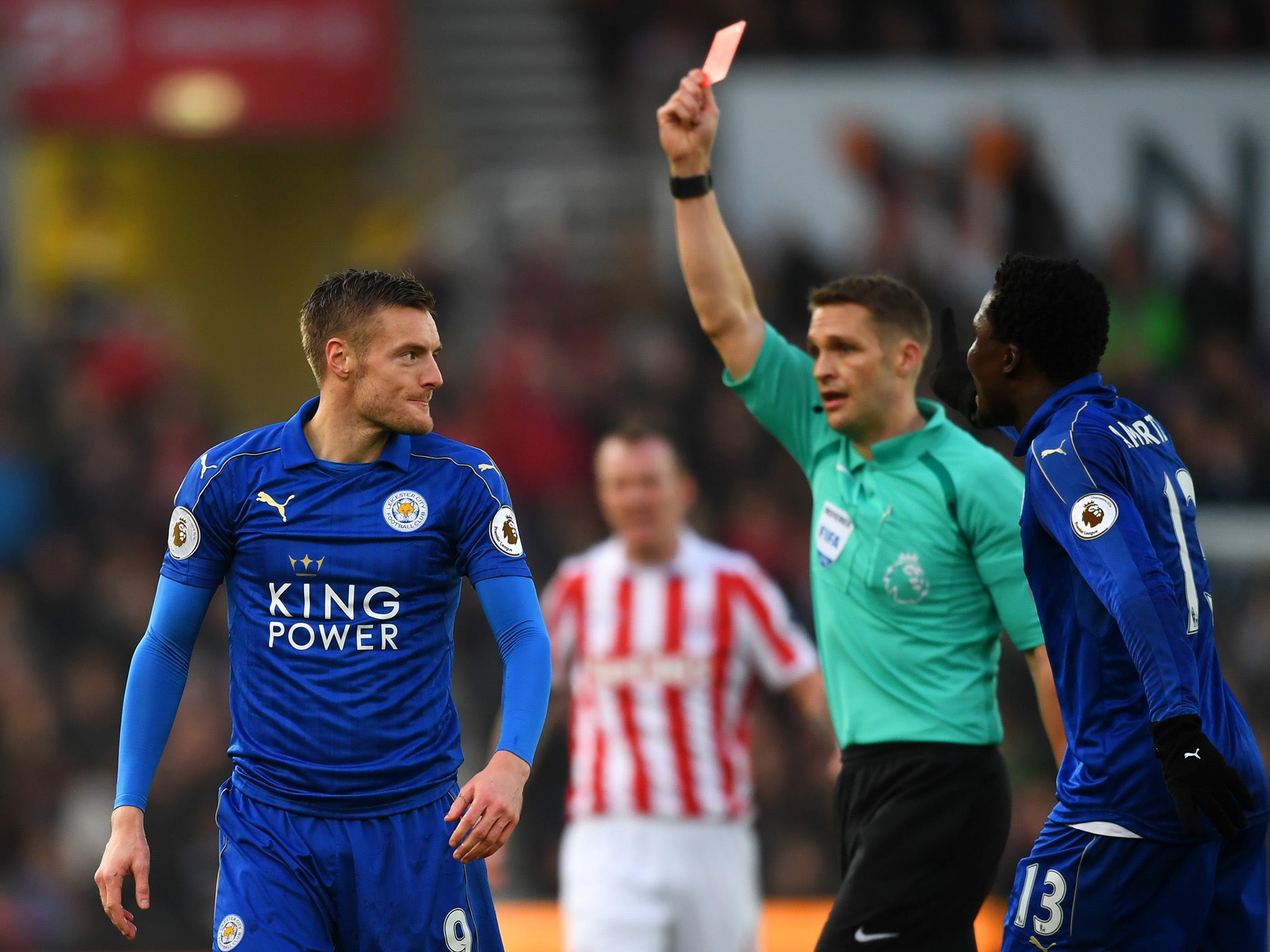 Vardy was dismissed for a two-footed tackle just before the half-hour mark