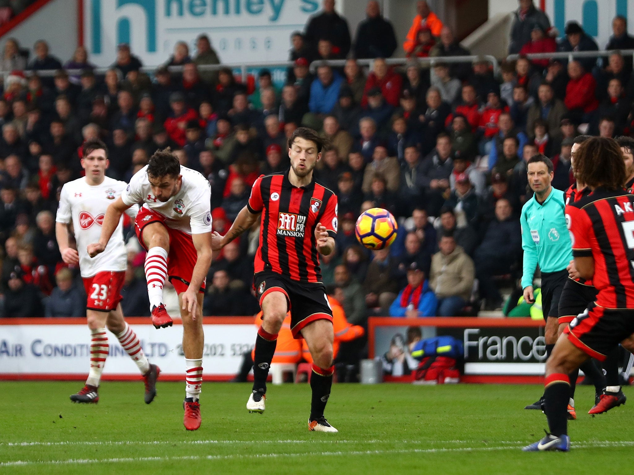 Jay Rodriguez fires in a volley to score his second and Southampton's third against Bournemouth