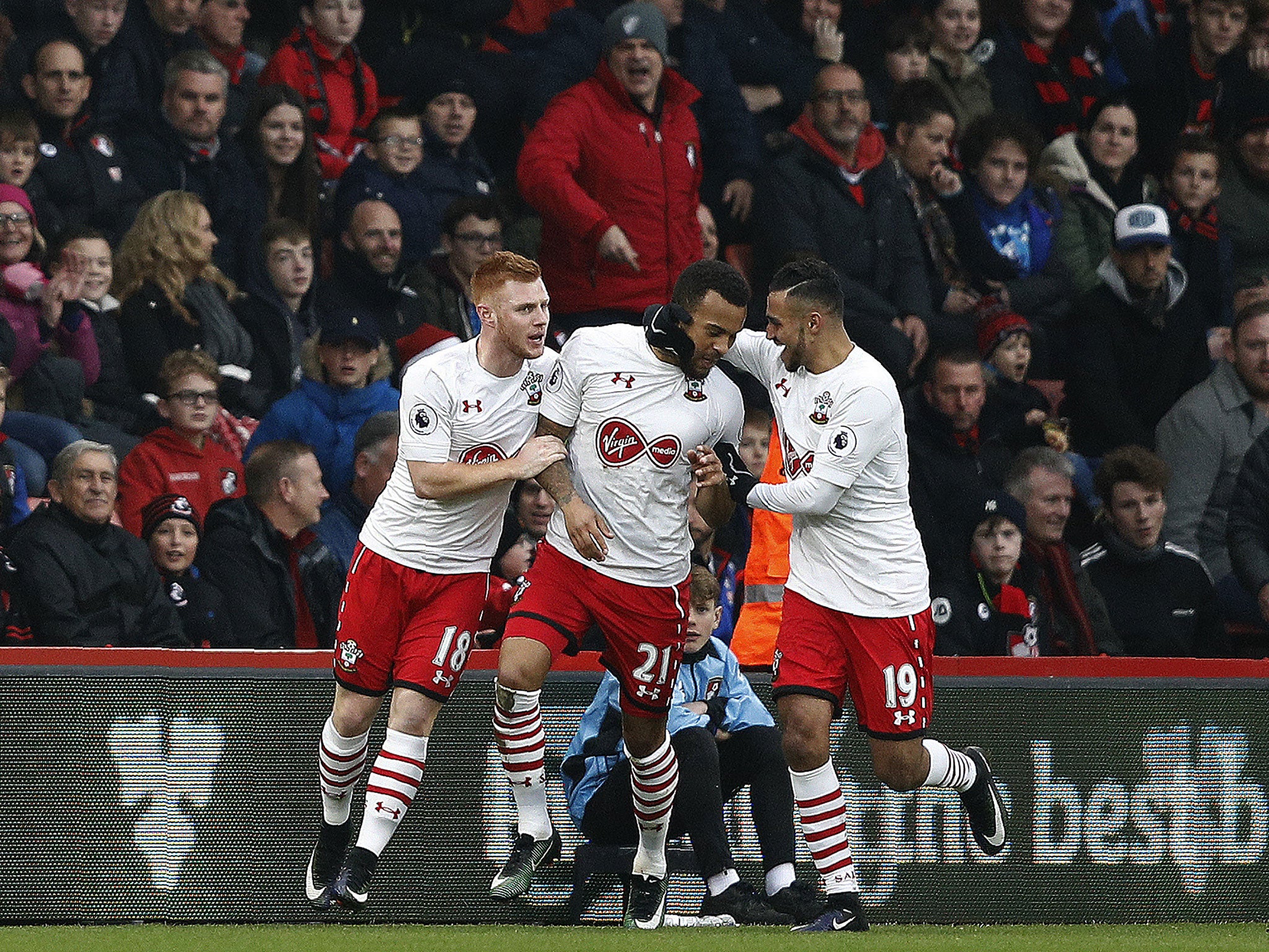 Ryan Bertrand celebrates scoring Southampton's equaliser against Bournemouth