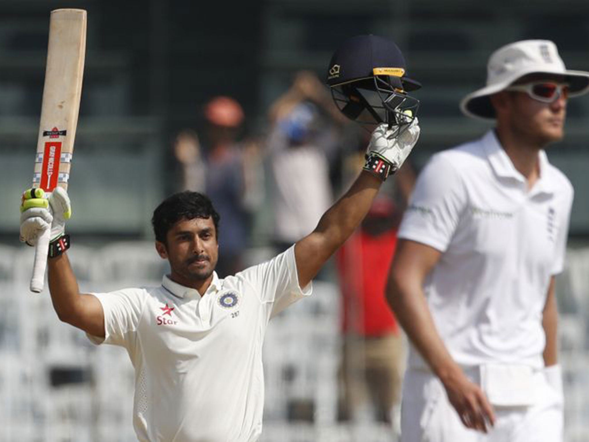 Karun Nair celebrates reaching his maiden Test century on day four against England