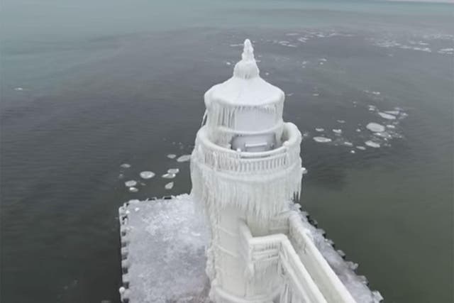 The frozen lighthouse at St Joseph, Michigan