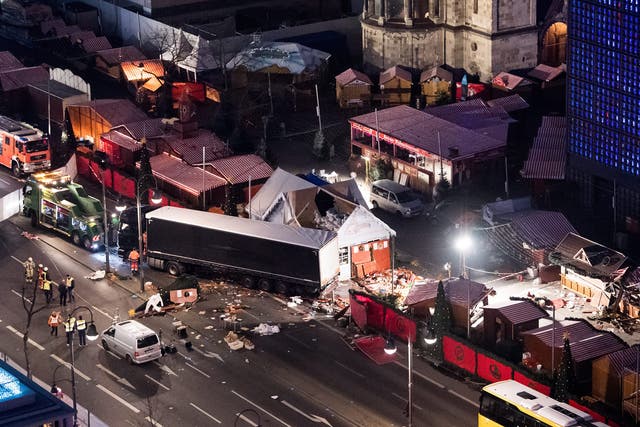 The extent of the damage at the scene where a truck crashed into a Christmas market close to the Kaiser Wilhelm Memorial Church, in Berlin, Germany
