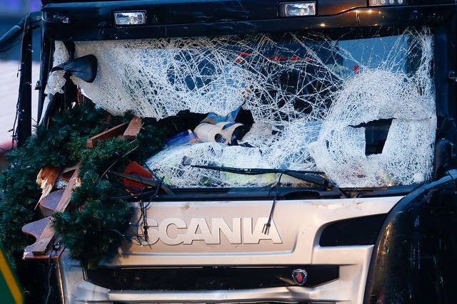 A damaged windscreen of a truck which ploughed through a crowd at a Christmas market on Breitscheidplatz square near the fashionable Kurfuerstendamm avenue in the west of Berlin, Germany
