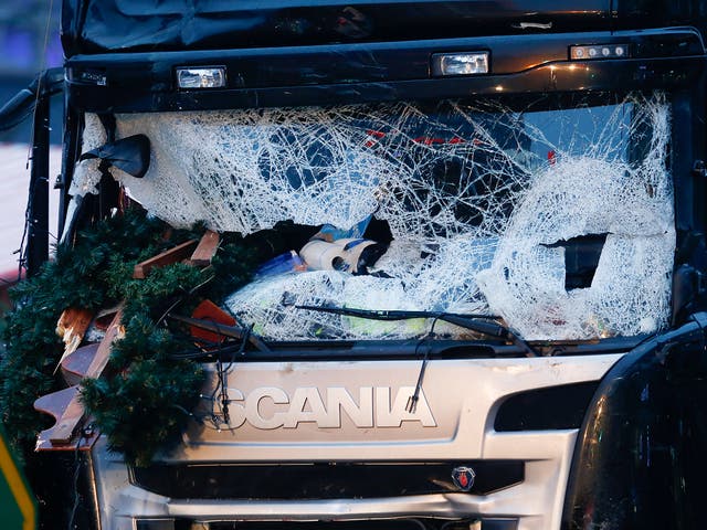 A damaged windscreen of a truck which ploughed through a crowd at a Christmas market on Breitscheidplatz square near the fashionable Kurfuerstendamm avenue in the west of Berlin, Germany