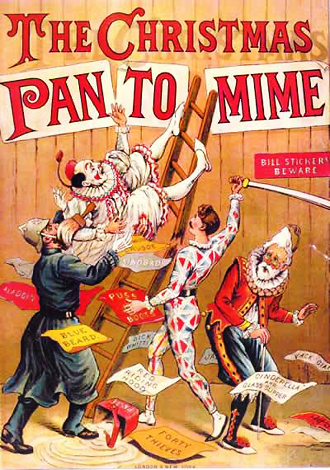 The Christmas Pantomime colour lithograph bookcover, 1890, showing the harlequinade characters