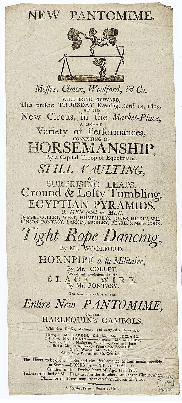 Playbill of an English circus and pantomime performance, 1803