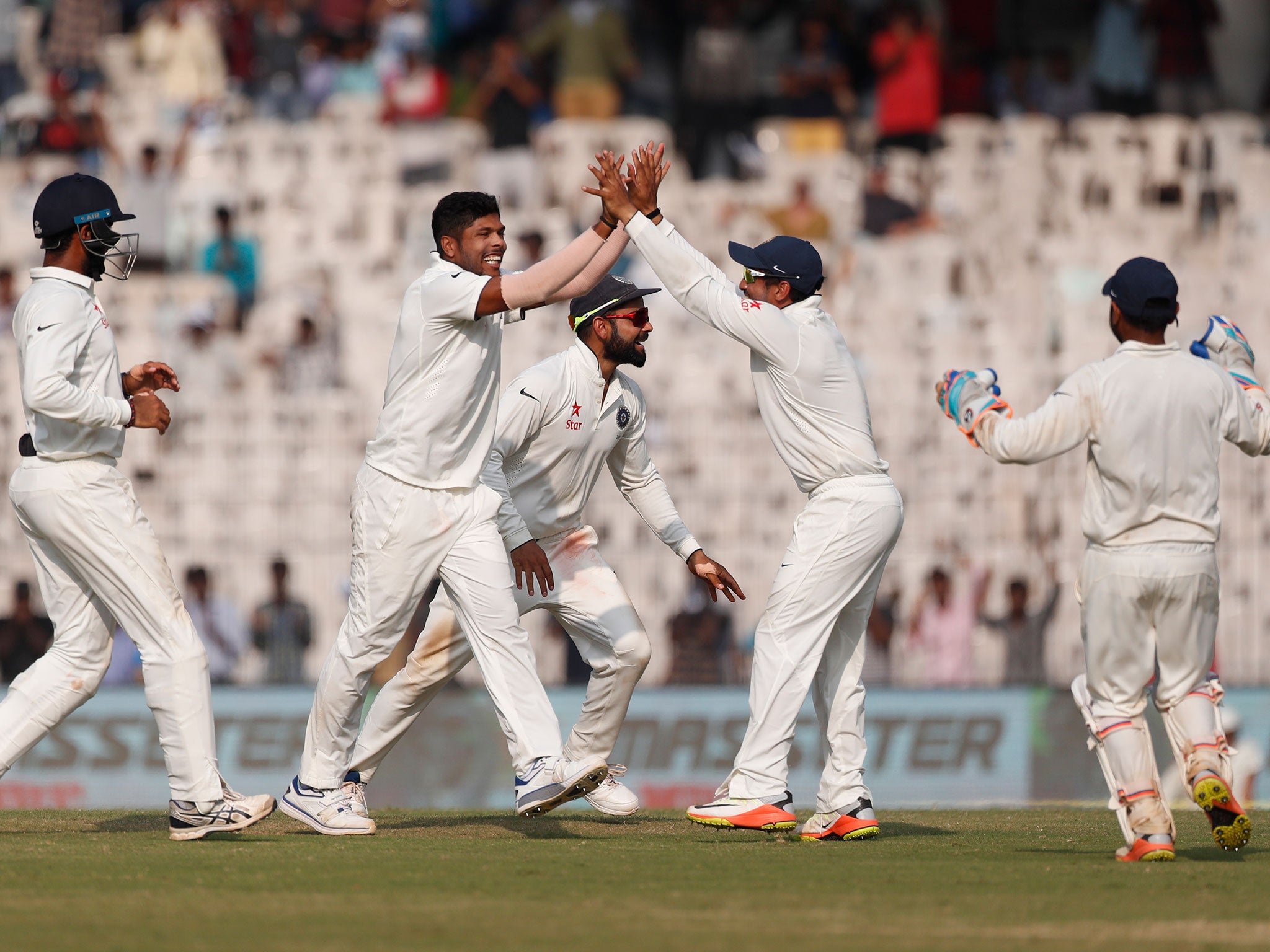 India celebrate their 4-0 victory over England