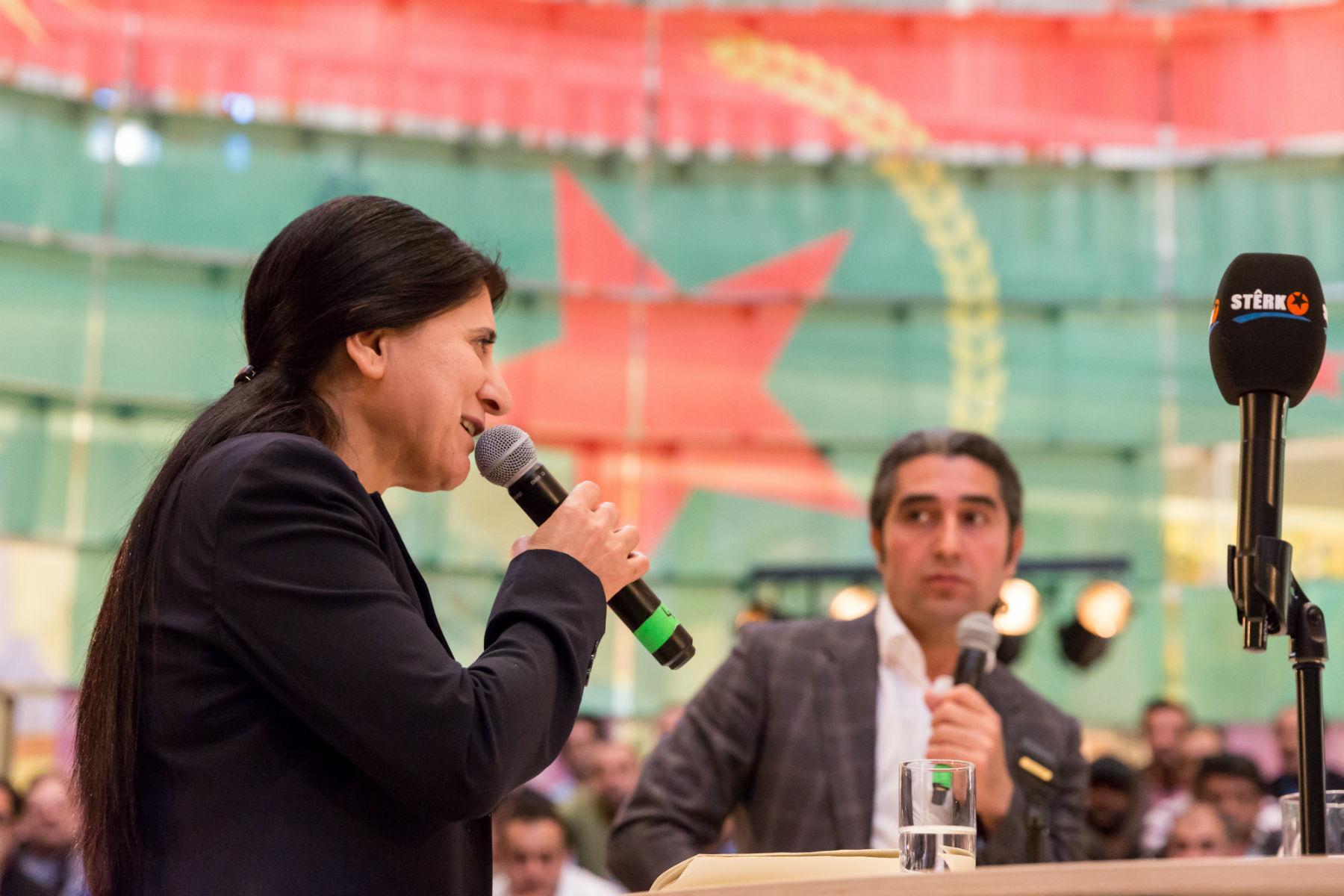 Female co-chair of the Syrian Democratic Union Party in Rojava, Asya Abdullah, addresses the New World Summit in Oslo City Hall on November 26, 2016