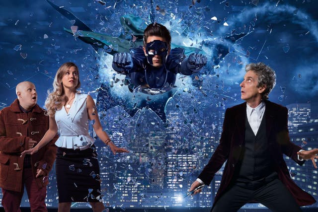 Nardole (Matt Lucas), Lucy Fletcher (Charity Wakefield), The Ghost (Justin Chatwin) and Doctor Who (Peter Capaldi) in the Doctor Who Christmas Special 2016