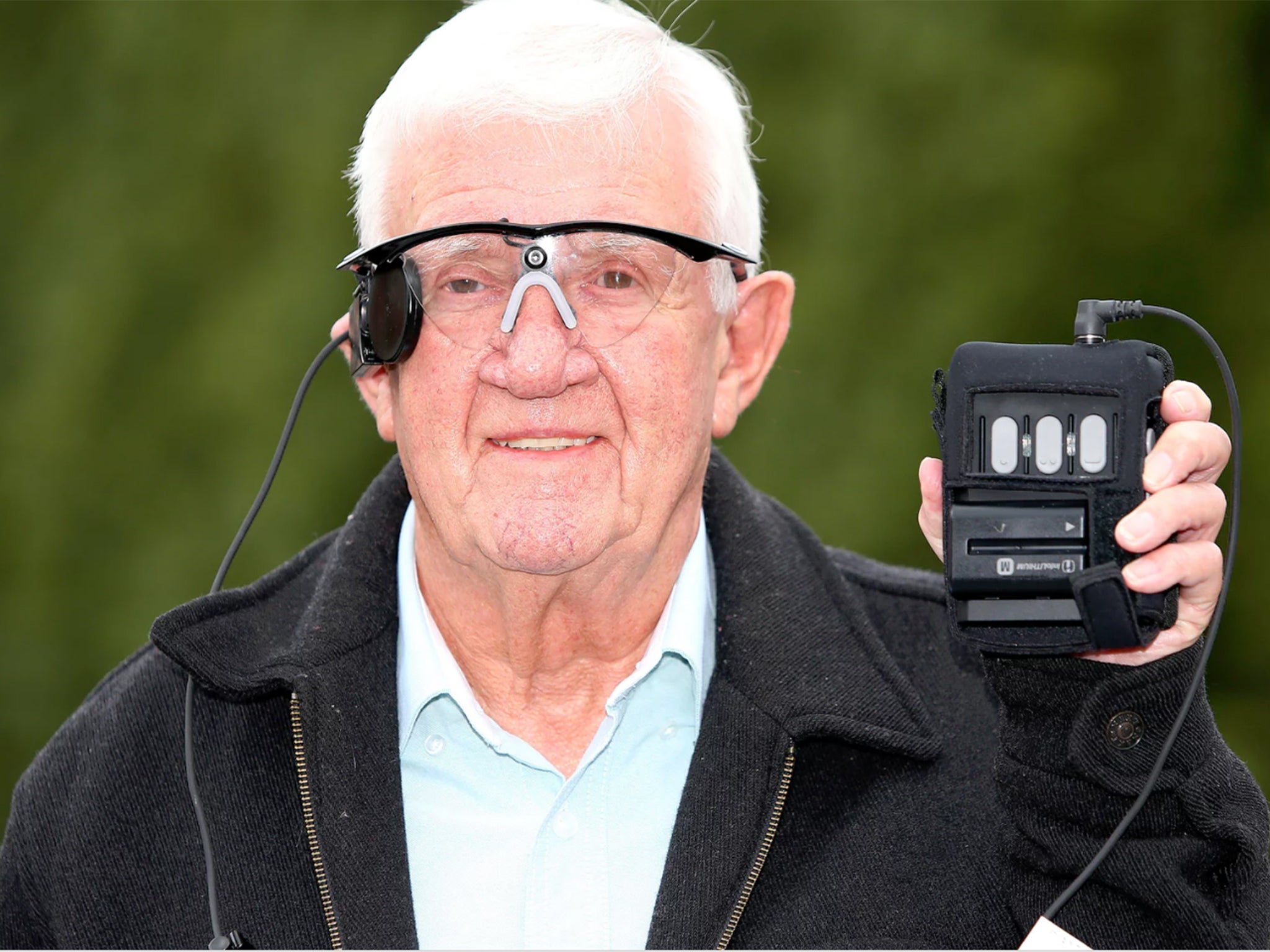 Raymond Flynn, 80, at Manchester Royal Infirmary in July during trials of the ‘bionic eye’