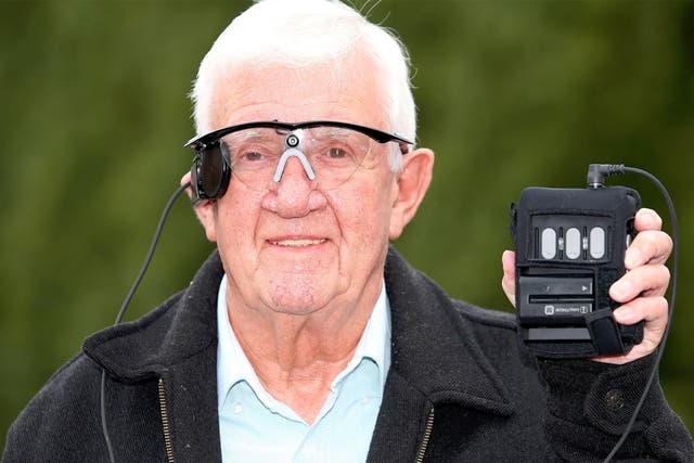 Raymond Flynn, 80, at Manchester Royal Infirmary in July during trials of the ‘bionic eye’