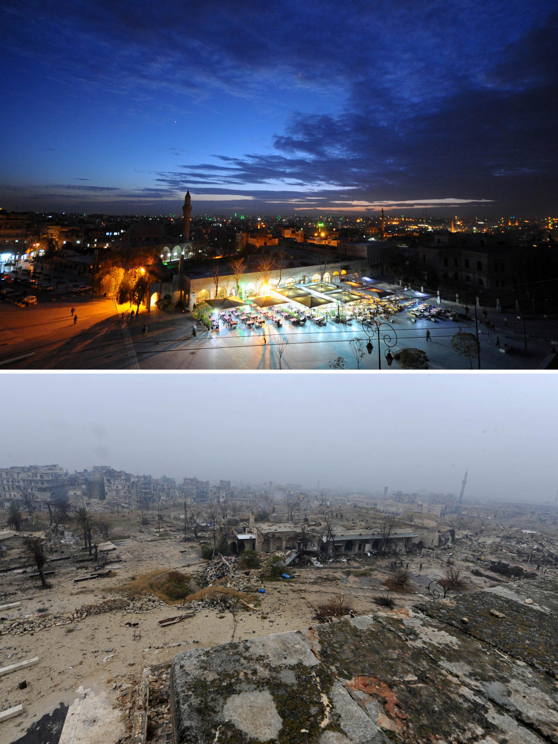 Old city of Aleppo on 28 November 2008, above, and on 13 December 2016