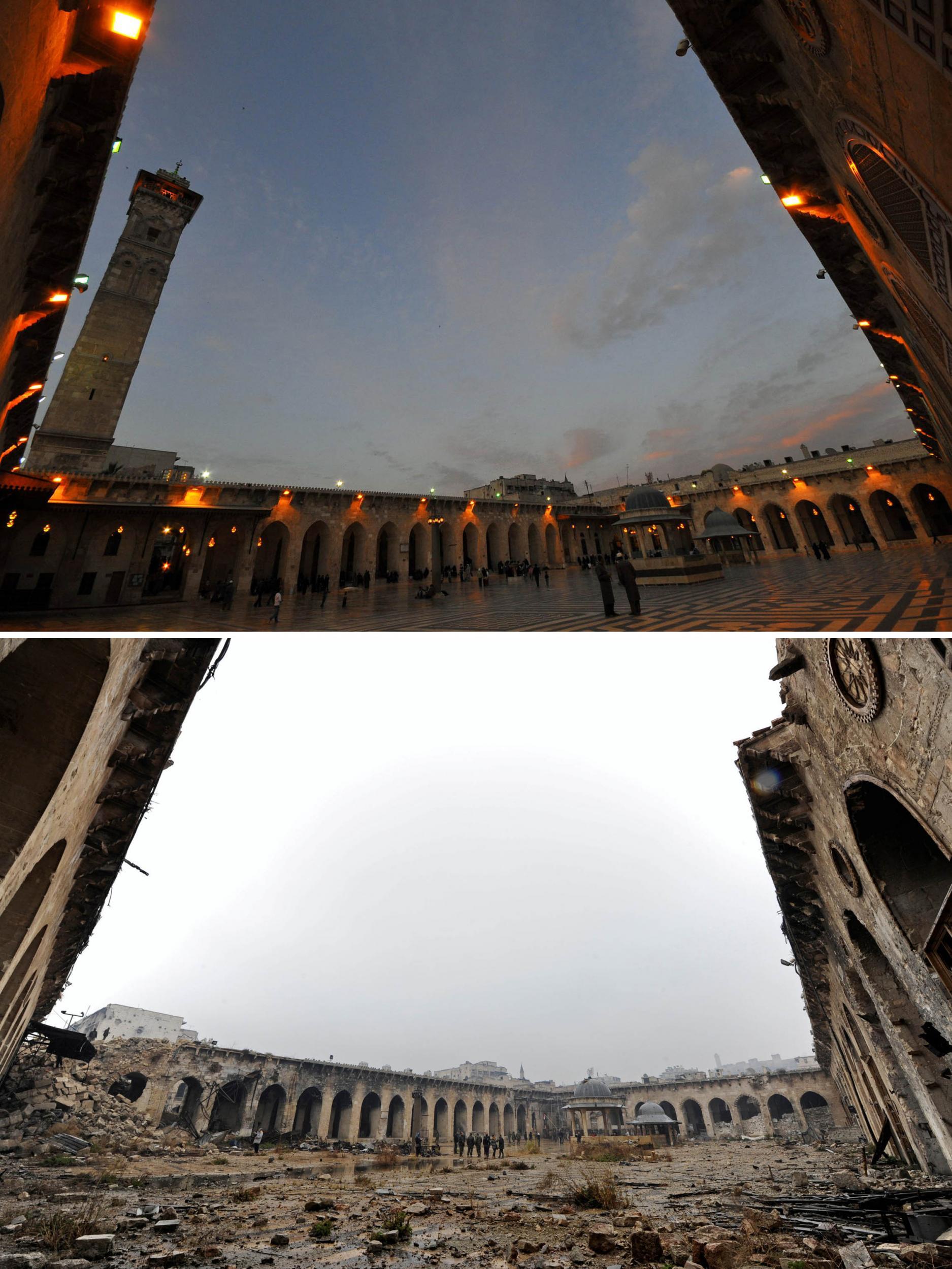 Aleppo's Umayyad mosque on March 12, 2009, above and after the fighting, below