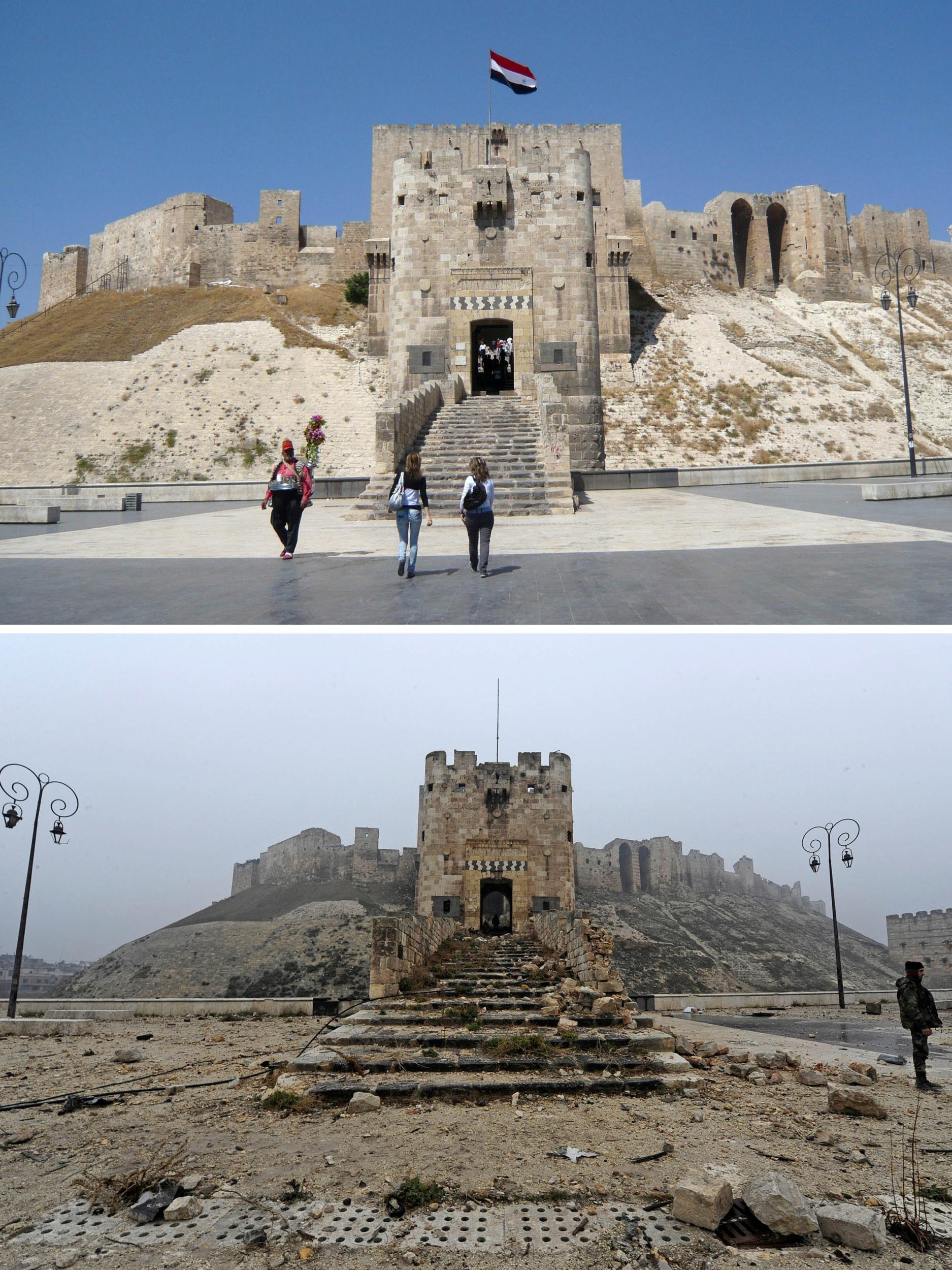 Aleppo's ancient citadel on 9 August 2010, above, and after the fighting