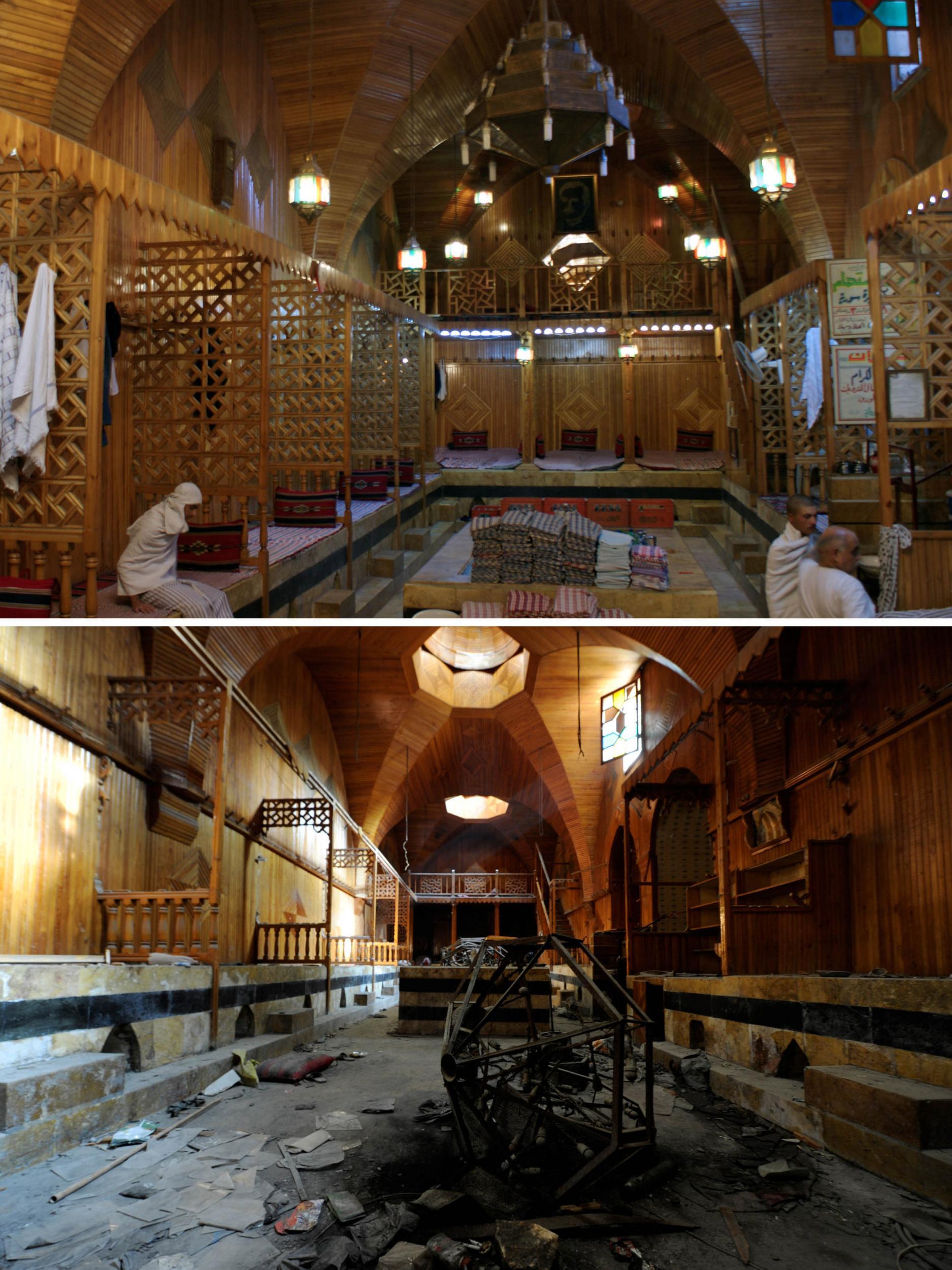 Massage parlour Hammam al-Nahasin, in the Old City of Aleppo on October 6 2010, above, and after the fighting, below