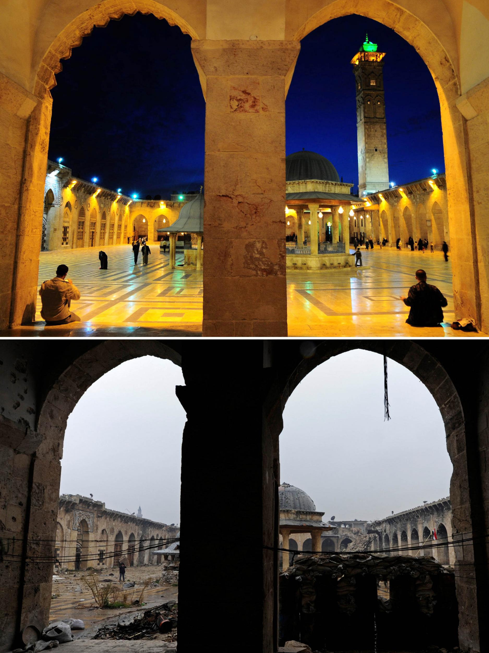 The Umayyad mosque on 12 March 2009, above, and on December 13 2016, below