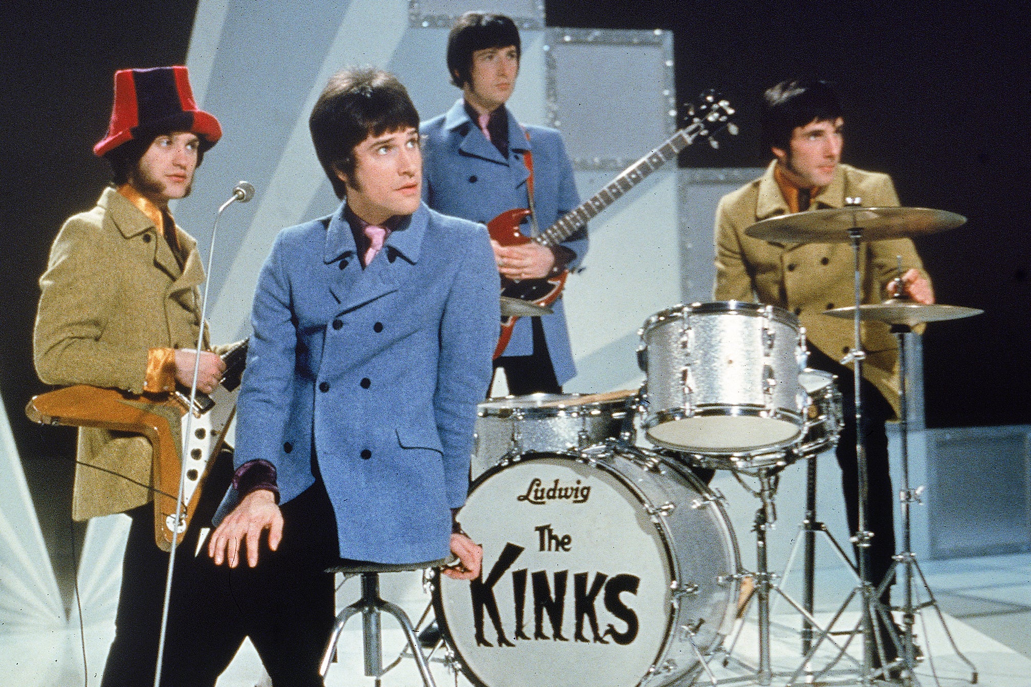 The Kinks – from left, Dave Davies, Ray Davies, Pete Quaife and Mick Avory – on the set of TV show ‘Ready to Perform’ in 1968