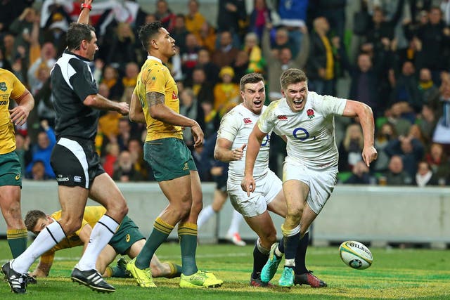 Owen Farrell celebrates scores to secure a series victory in Australia