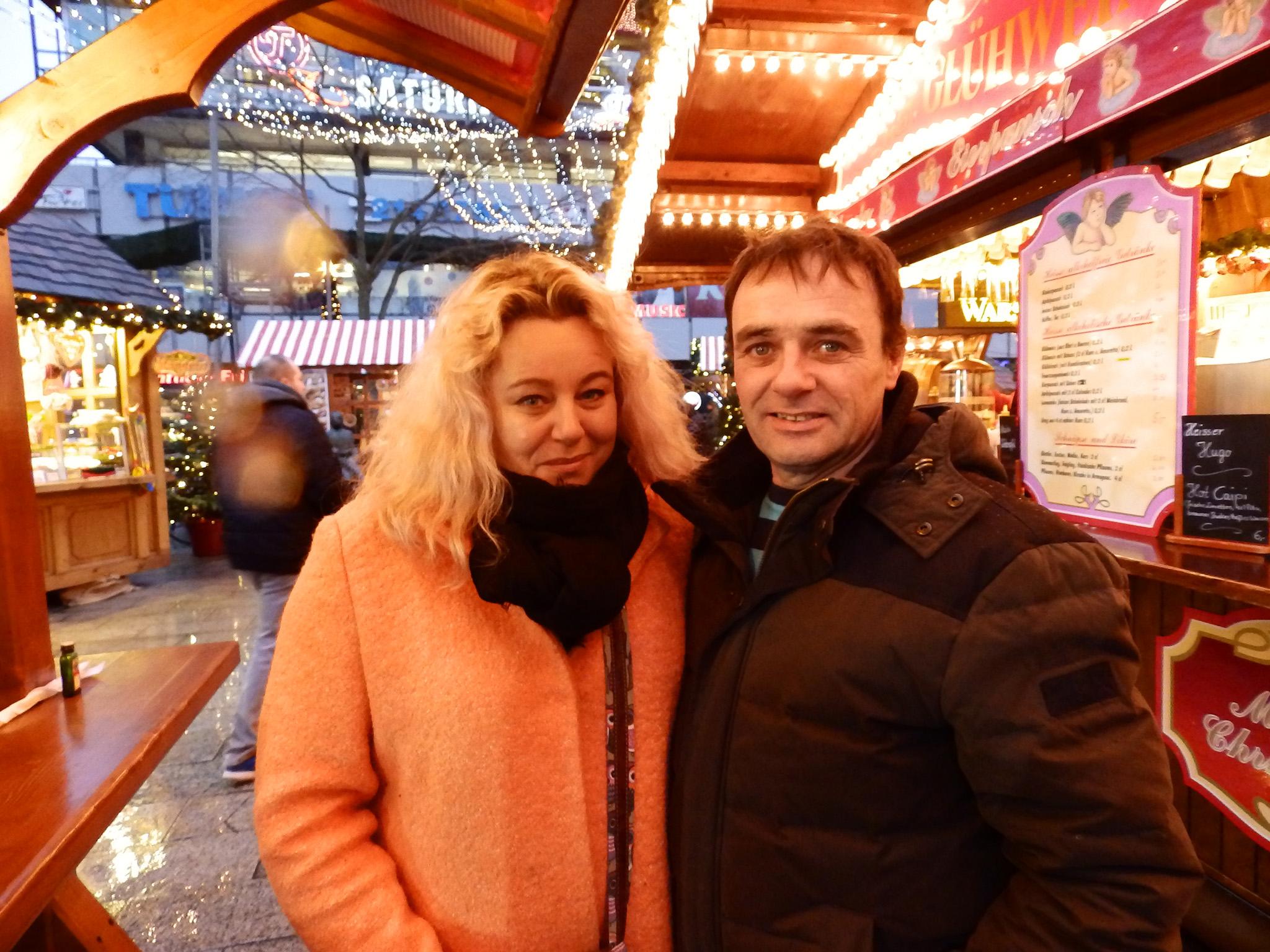 Robert and Pamela Maloney from County Wicklow in Ireland, at the reopened Christmas market next to the Kaiser Wilhelm Memorial Church in Berlin