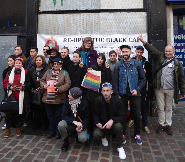 The Queer Tours of London group gather outside The Black Cap in Camden, an LGBT venue that closed following a battle over redevelopment