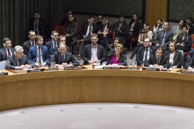 Samantha Power, US Ambassador to the United Nations, votes to abstain during Security Council vote on condemning Israel's settlements in the West Bank