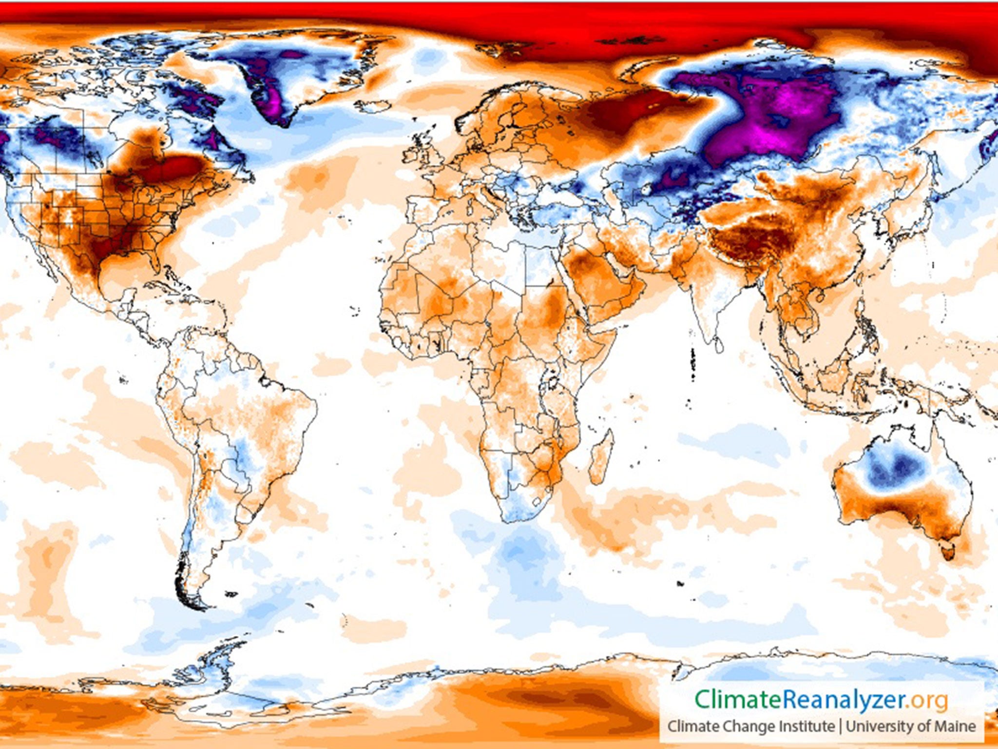 A temperature map of the world on 23 December 2016 shows areas that were warmer (in red) or colder (blue) than normal