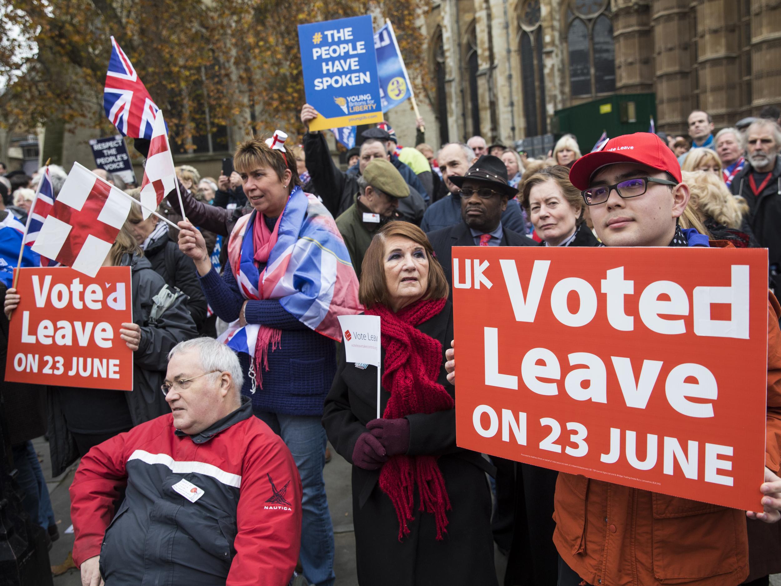 Pro-Brexit demonstrators protest outside the Houses of Parliament on November 23, 2016