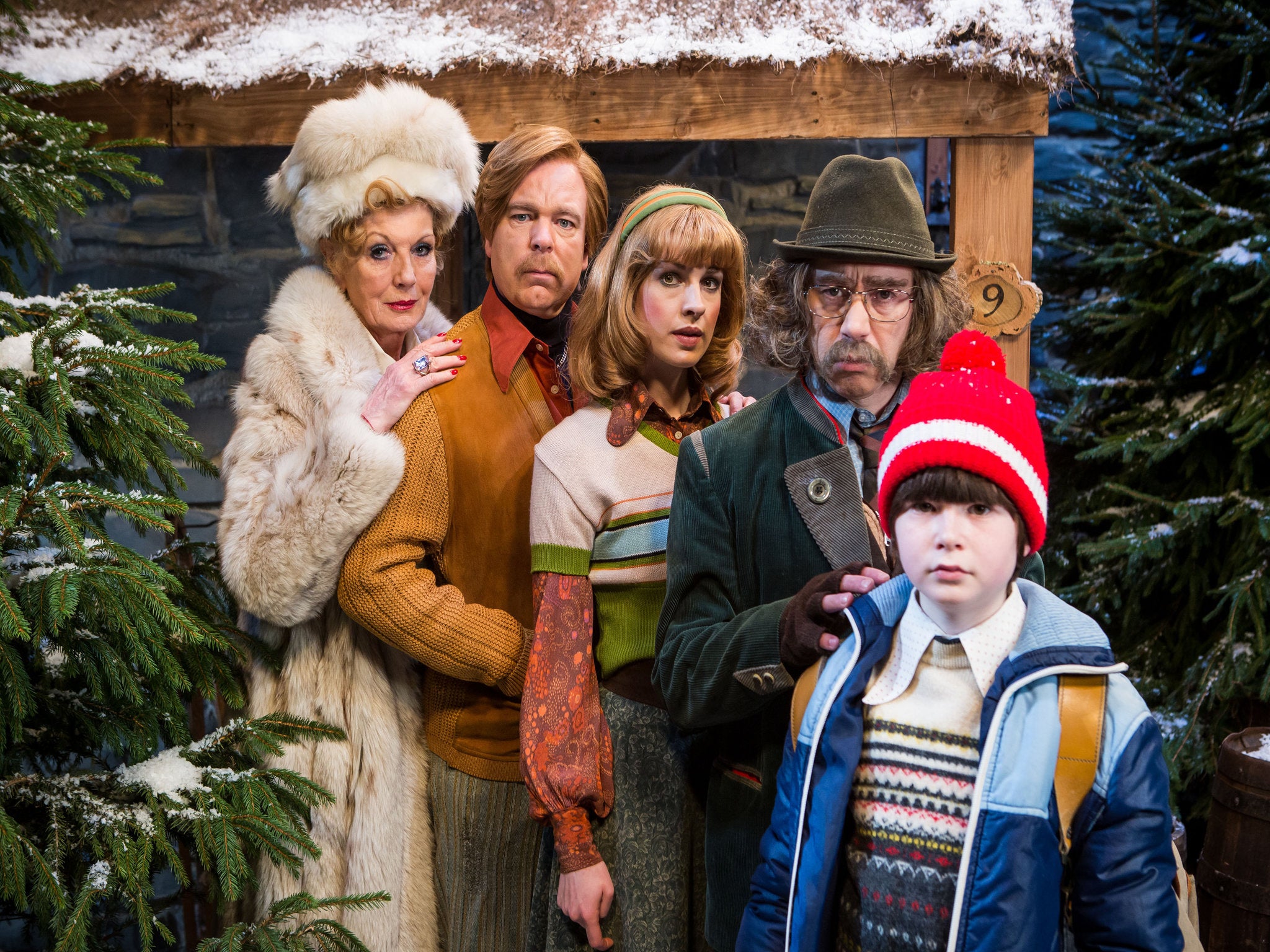 Left to right: Rula Lenska as Celia, Steve Pemberton as Julian, Jessica Raine as Kathy, Reece Shearsmith as Klaus and George Bedford as Toby