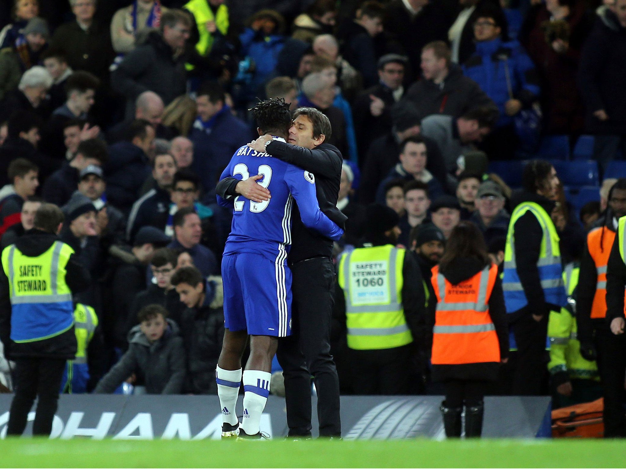 Antonio Conte embraces Michy Batshuayi after he failed to touch the ball in Chelsea's 3-0 win over Bournemouth