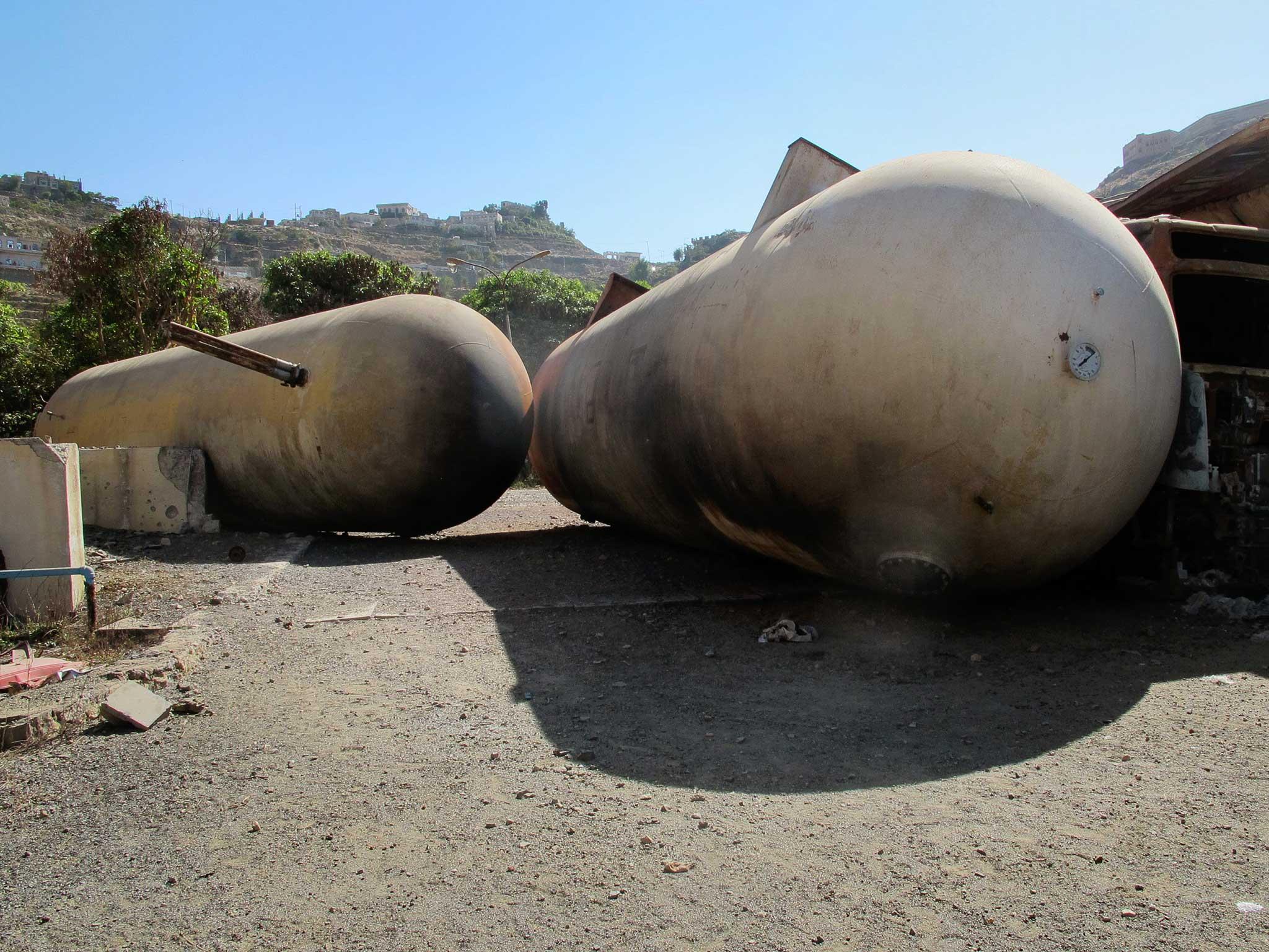 A cooking gas factory destroyed by a Saudi-led coalition air strike in Hajjah, in Yemen’s north-west