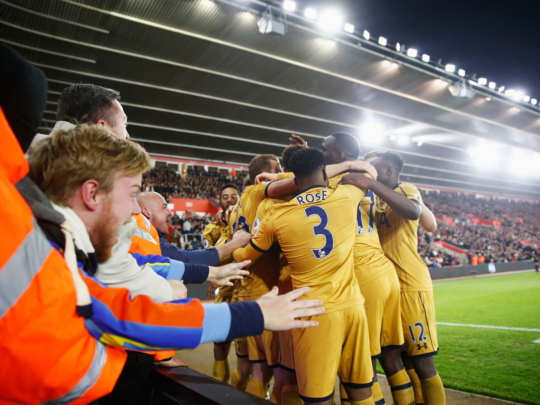 Tottenham's players celebrate with their fans following Dele Alli's second and the side's fourth of the night