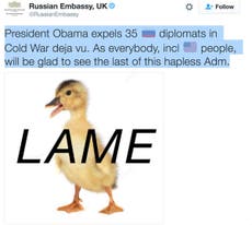 Russian Embassy in UK responds to sanctions with 'lame duck tweet' 