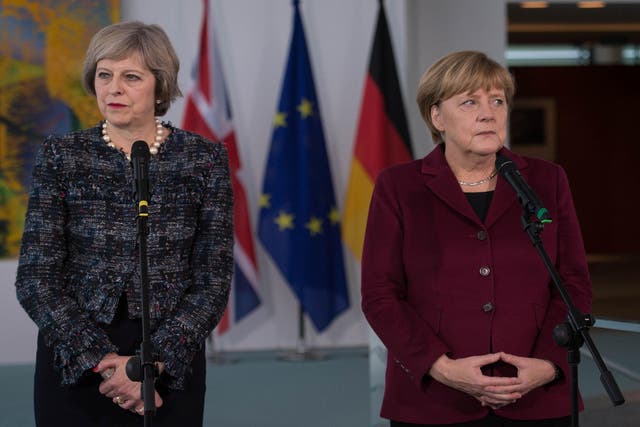 Theresa May and German Chancellor Angela Merkel at a recent meeting in Berlin
